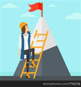 A woman holding the ladder to get the red flag on the top of mountain on the background of blue sky vector flat design illustration. Square layout.. Woman climbing on mountain.