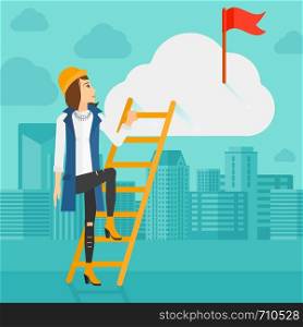 A woman holding the ladder to get the red flag on the top of the cloud on the background of modern city vector flat design illustration. Square layout.. Woman climbing the ladder.