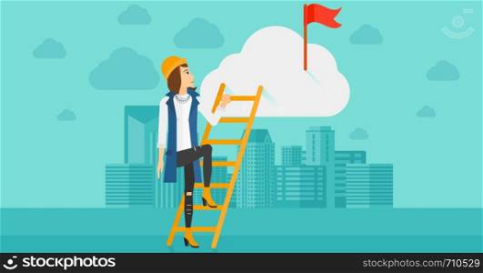 A woman holding the ladder to get the red flag on the top of the cloud on the background of modern city vector flat design illustration. Horizontal layout.. Woman climbing the ladder.
