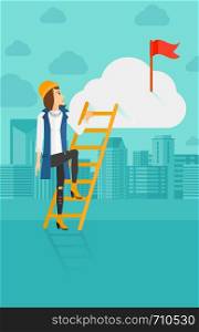 A woman holding the ladder to get the red flag on the top of the cloud on the background of modern city vector flat design illustration. Vertical layout.. Woman climbing the ladder.