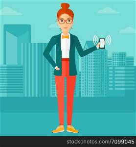 A woman holding vibrating smartphone on a city background vector flat design illustration. Square layout.. Woman holding ringing telephone.