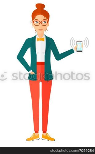 A woman holding vibrating smartphone vector flat design illustration isolated on white background. . Woman holding ringing telephone.