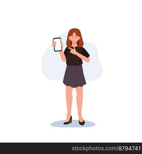 A woman holds a phone in her hands and pointing at it. The woman shows an empty phone and smiling. Flat vector cartoon character illustration