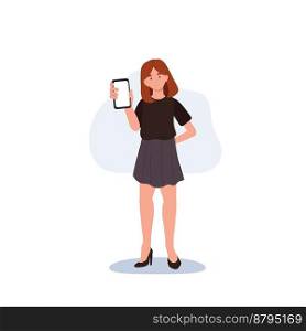 A woman holds a phone in her hands. woman shows an empty phone and smiling. Flat vector cartoon character illustration