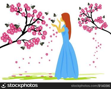 A woman in a blue dress under a tree with pink flowers has a white background.