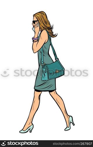a woman in a dress, talking on the phone. Pop art retro vector illustration vintage kitsch. woman in dress, talking on the phone