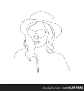 A woman in a hat and glasses. A template in the style of a continuous line. Layout for thematic design 