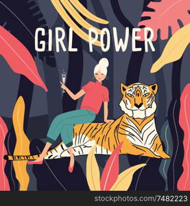 A woman in a jungle sitting on a tiger drinking champagne. Girl power feminism concept. Flat vector illustration