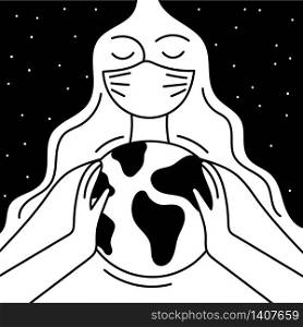 A woman in a medical mask holds a planet in her hands. The concept of saving the earth and humanity from a pandemic, coronavirus. Doodle vector illustration.