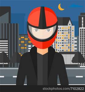 A woman in biker helmet on the background of night city vector flat design illustration. Square layout.. Woman in biker helmet.