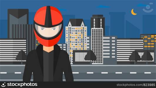 A woman in biker helmet on the background of night city vector flat design illustration. Horizontal layout.. Woman in biker helmet.
