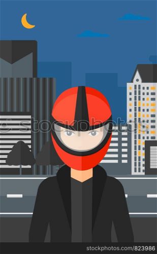 A woman in biker helmet on the background of night city vector flat design illustration. Vertical layout.. Woman in biker helmet.