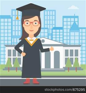 A woman in cloak and hat showing thumb up sign on the background of educational building vector flat design illustration. Square layout.. Graduate showing thumb up sign.