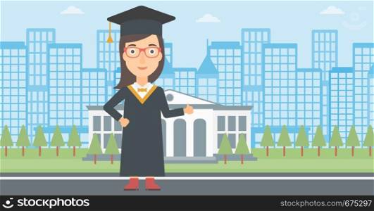 A woman in cloak and hat showing thumb up sign on the background of educational building vector flat design illustration. Horizontal layout.. Graduate showing thumb up sign.
