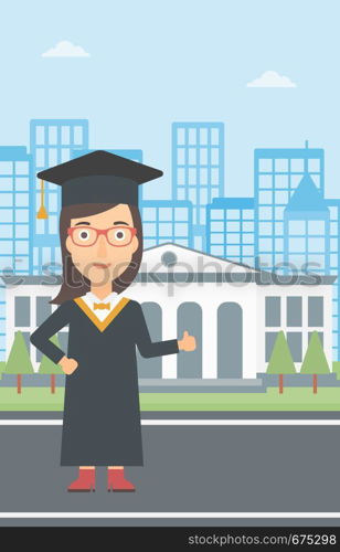 A woman in cloak and hat showing thumb up sign on the background of educational building vector flat design illustration. Vertical layout.. Graduate showing thumb up sign.
