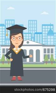 A woman in cloak and hat showing thumb up sign on the background of educational building vector flat design illustration. Vertical layout.. Graduate showing thumb up sign.