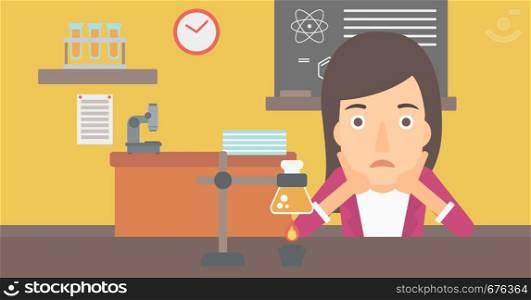 A woman in despair clutching her head on the background of chemistry class vector flat design illustration. Horizontal layout.. Woman in despair clutching her head.
