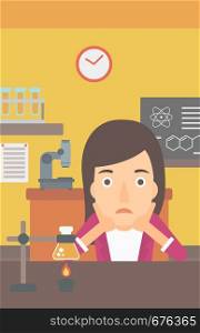 A woman in despair clutching her head on the background of chemistry class vector flat design illustration. Vertical layout.. Woman in despair clutching her head.