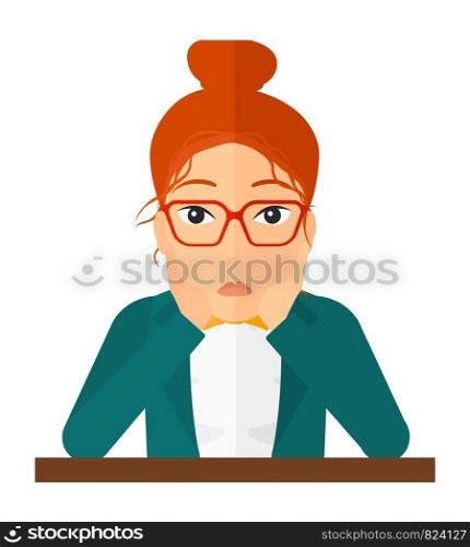 A woman in despair clutching her head vector flat design illustration isolated on white background. Square layout.. Woman in despair clutching her head.