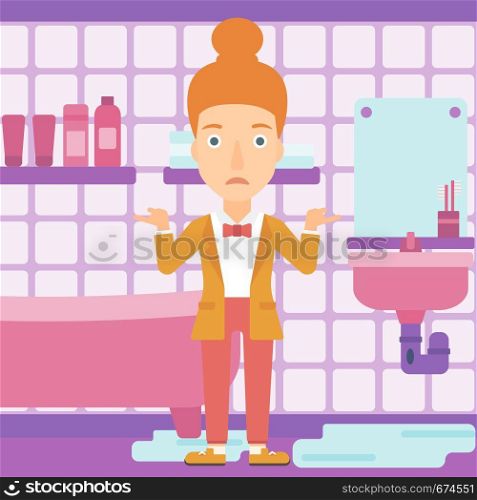 A woman in despair standing near leaking sink in the bathroom vector flat design illustration. Square layout.. Woman in despair standing near leaking sink.