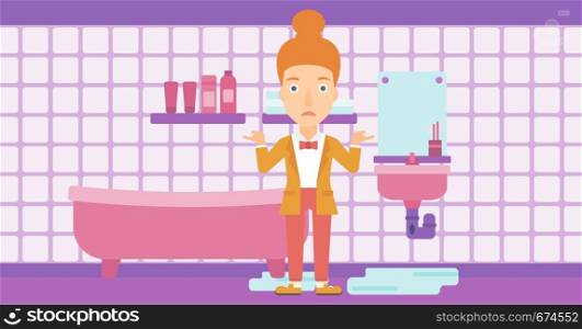 A woman in despair standing near leaking sink in the bathroom vector flat design illustration. Horizontal layout.. Woman in despair standing near leaking sink.