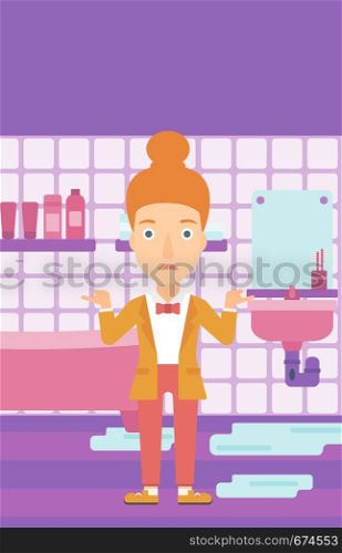 A woman in despair standing near leaking sink in the bathroom vector flat design illustration. Vertical layout.. Woman in despair standing near leaking sink.