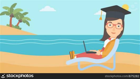 A woman in graduation cap lying in chaise long with laptop on the beach vector flat design illustration. Horizontal layout.. Graduate lying on chaise lounge with laptop.