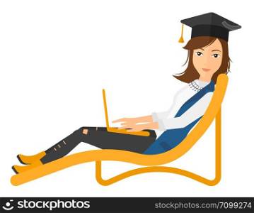A woman in graduation cap lying in chaise long with laptop vector flat design illustration isolated on white background. Vertical layout.. Graduate lying in chaise lounge with laptop.