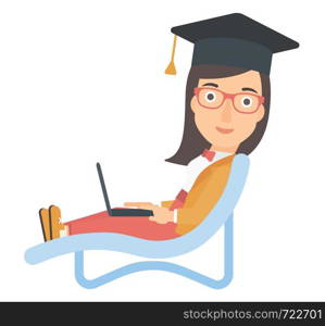 A woman in graduation cap lying in chaise long with laptop vector flat design illustration isolated on white background. . Graduate lying in chaise lounge with laptop.