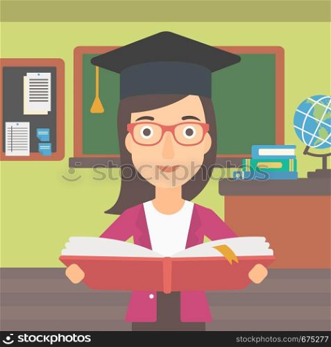 A woman in graduation cap with an open book in hands on the background of classroom vector flat design illustration. Square layout.. Woman in graduation cap holding book.