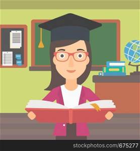 A woman in graduation cap with an open book in hands on the background of classroom vector flat design illustration. Square layout.. Woman in graduation cap holding book.