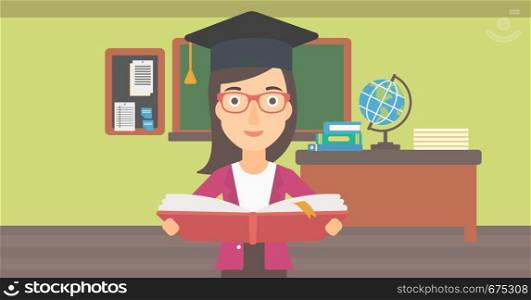 A woman in graduation cap with an open book in hands on the background of classroom vector flat design illustration. Horizontal layout.. Woman in graduation cap holding book.