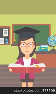 A woman in graduation cap with an open book in hands on the background of classroom vector flat design illustration. Vertical layout.. Woman in graduation cap holding book.