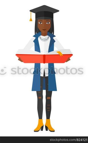 A woman in graduation cap with an open book in hands vector flat design illustration isolated on white background. . Woman in graduation cap holding book.