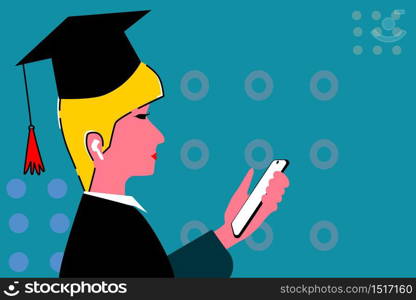 a woman in graduation uniform is seeing the smartphone. a woman has success the certificate from online course.