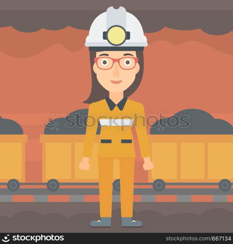 A woman in hardhat with torch on the background of mining tunnel with cart full of coal vector flat design illustration. Square layout. . Confident miner in hardhat.