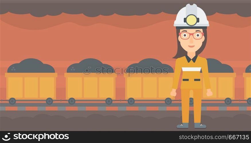 A woman in hardhat with torch on the background of mining tunnel with cart full of coal vector flat design illustration. Horizontal layout. . Confident miner in hardhat.