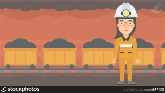 A woman in hardhat with torch on the background of mining tunnel with cart full of coal vector flat design illustration. Horizontal layout. . Confident miner in hardhat.