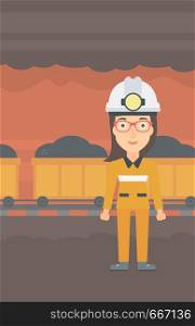 A woman in hardhat with torch on the background of mining tunnel with cart full of coal vector flat design illustration. Vertical layout. . Confident miner in hardhat.