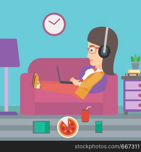 A woman in headphones lying on a sofa in living room with electronic devices and fast food vector flat design illustration. Square layout.. Woman lying on sofa with many gadgets.