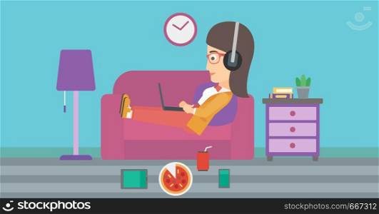 A woman in headphones lying on a sofa in living room with electronic devices and fast food vector flat design illustration. Horizontal layout.. Woman lying on sofa with many gadgets.