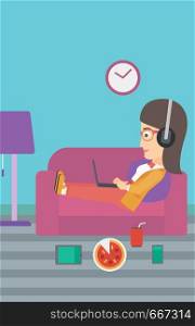 A woman in headphones lying on a sofa in living room with electronic devices and fast food vector flat design illustration. Vertical layout.. Woman lying on sofa with many gadgets.