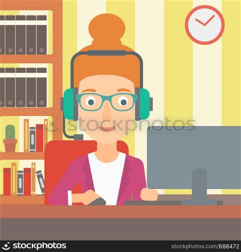 A woman in headphones sitting in front of computer monitor with mouse in hand on the background ofliving room vector flat design illustration. Square layout.. Woman playing video game.