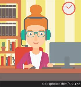 A woman in headphones sitting in front of computer monitor with mouse in hand on the background ofliving room vector flat design illustration. Square layout.. Woman playing video game.