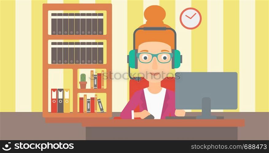 A woman in headphones sitting in front of computer monitor with mouse in hand on the background ofliving room vector flat design illustration. Horizontal layout.. Woman playing video game.