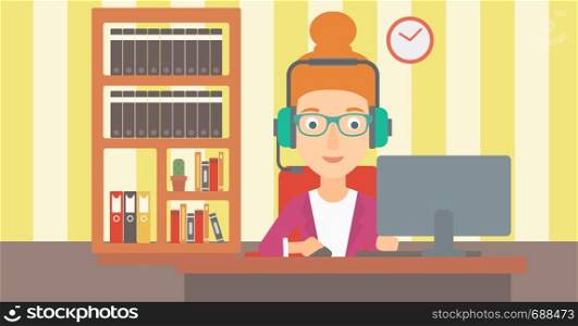 A woman in headphones sitting in front of computer monitor with mouse in hand on the background ofliving room vector flat design illustration. Horizontal layout.. Woman playing video game.