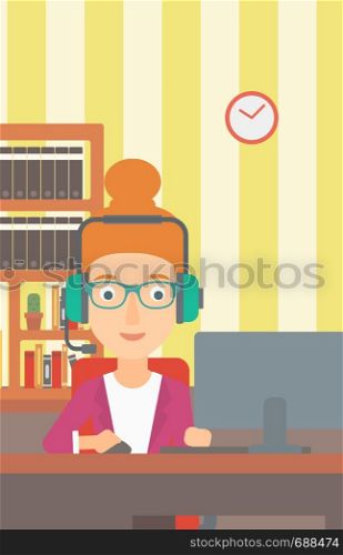 A woman in headphones sitting in front of computer monitor with mouse in hand on the background ofliving room vector flat design illustration. Vertical layout.. Woman playing video game.