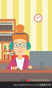 A woman in headphones sitting in front of computer monitor with mouse in hand on the background ofliving room vector flat design illustration. Vertical layout.. Woman playing video game.