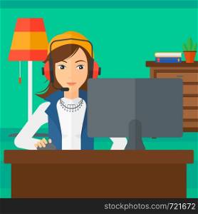 A woman in headphones sitting in front of computer monitor with mouse in hand on living room background vector flat design illustration. Square layout.. Woman playing video game.