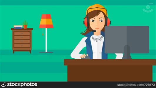 A woman in headphones sitting in front of computer monitor with mouse in hand on living room background vector flat design illustration. Horizontal layout.. Woman playing video game.